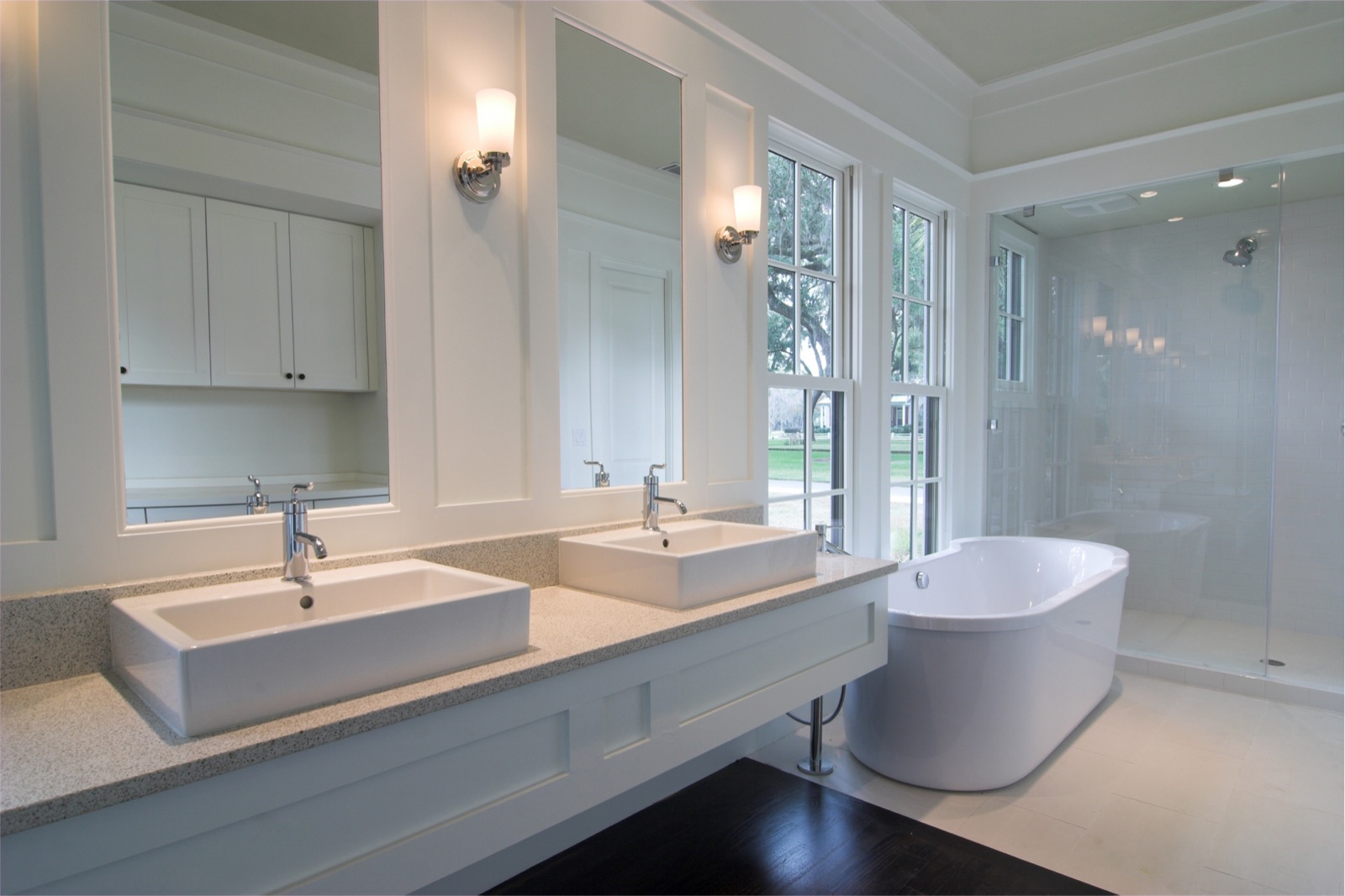 Bright renovated bathroom cleaned after building work